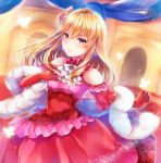  1girl ayame_(norie11) bangs bare_shoulders black_legwear blonde_hair brown_eyes closed_mouth dress feather_boa fire_emblem fire_emblem:_genealogy_of_the_holy_war fire_emblem_heroes flower frilled_dress frills gloves hair_flower hair_ornament lachesis_(fire_emblem) long_dress long_hair red_dress shiny shiny_hair smile solo 