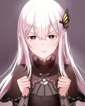  1girl :t bangs black_dress breasts butterfly_hair_ornament clenched_hands closed_mouth commentary_request dress echidna_(re:zero) gradient gradient_background hair_between_eyes hair_ornament hands_up highres long_hair long_sleeves looking_at_viewer misyune pout re:zero_kara_hajimeru_isekai_seikatsu red_eyes silver_hair simple_background smile solo upper_body 