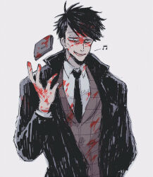 black_hair blood blood_on_clothes blood_on_face coat formal holding holding_wallet jacket male_focus moge_(moge_morgen) musical_note necktie osomatsu-kun osomatsu_(series) plaid_clothes plaid_jacket smile tongue tongue_out tougou_(osomatsu-kun) trench_coat wallet 