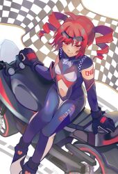  1girl ahoge biker_clothes bikesuit black_gloves black_sleeves blush bodysuit checkered_flag choppy_bangs detached_sleeves drill_hair flag full_body gloves highres ianxy2 kasane_teto long_sleeves motor_vehicle motorcycle navel race_flag red_eyes redhead shadow short_sleeves smile solo stomach twin_drills utau white_background 