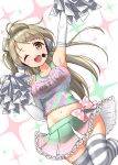  1girl breasts cheerleader elbow_gloves gloves headphones highres large_breasts light_brown_hair love_live! love_live!_school_idol_project midriff minami_kotori navel one_eye_closed one_side_up open_mouth pom_poms smile solo striped striped_legwear takochan77 thigh-highs white_gloves yellow_eyes zettai_ryouiki 