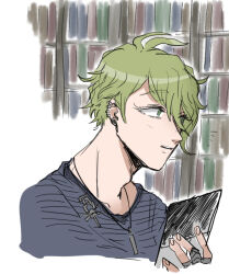  1boy amami_rantaro antenna_hair bookshelf danganronpa_(series) danganronpa_v3:_killing_harmony ear_piercing earrings green_hair holding jewelry male_focus necklace piercing ring shirt short_hair solo striped_clothes striped_shirt teeth uzu_(uzusio55) 