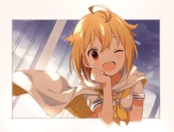 1girl ahoge blonde_hair blurry blush border breasts bridge buchi_(y0u0ri_) cape clouds cloudy_sky depth_of_field dot_nose elbow_rest floating_cape hair_between_eyes hair_flaps head_rest ibuki_tsubasa idol_heroes_(idolmaster) idolmaster idolmaster_million_live! idolmaster_million_live!_theater_days looking_at_viewer medium_breasts neckerchief one_eye_closed open_mouth outdoors outside_border red_eyes shirt short_hair short_sleeves sky smile solo star_(sky) teeth upper_teeth_only white_border white_cape white_shirt yellow_neckerchief 
