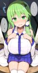  1girl blush breasts detached_sleeves eyebrows_visible_through_hair frog_hair_ornament green_eyes green_hair hair_ornament highres jakko kochiya_sanae large_breasts long_hair looking_at_viewer open_mouth sitting snake_hair_ornament solo speech_bubble sweat tears thigh-highs thighs touhou translation_request wavy white_legwear 