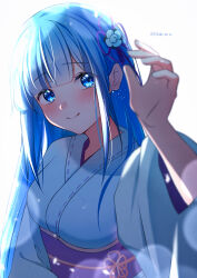  1girl absurdres alternate_hair_length alternate_hairstyle blue_eyes blue_hair blue_kimono blunt_bangs blush breasts closed_mouth flower flower_knot hair_flower hair_ornament hair_ribbon highres japanese_clothes kimono long_hair looking_at_viewer obi purple_ribbon rain_re_a re:zero_kara_hajimeru_isekai_seikatsu rem_(re:zero) ribbon sash smile solo upper_body white_background 