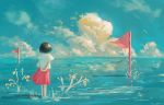  1girl arms_behind_back blue_sky brown_hair clouds day fjsmu flag from_behind hair_blowing hands_together highres horizon original outdoors red_skirt scenery shirt short_sleeves skirt sky solo standing standing_on_liquid tree_branch water white_shirt wind wind_lift 