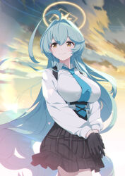  1girl aqua_hair azumi_akitake black_gloves black_skirt blue_archive blue_necktie closed_mouth clouds cloudy_sky collared_shirt floating_hair gloves hair_between_eyes halo highres long_hair long_sleeves looking_to_the_side necktie outdoors own_hands_together shirt skirt sky smile solo standing very_long_hair white_shirt yellow_eyes yume_(blue_archive) 