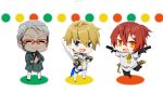  3boys :3 :d ^_^ arurandis blonde_hair blue_eyes cape chibi closed_eyes commentary_request dual_wielding full_body glasses grey_hair gun hair_between_eyes hanasaki_miyabi highres holding holding_gun holding_sword holding_weapon holostars kishido_temma long_sleeves looking_at_viewer male_focus mudo_(saji) multiple_boys necktie open_mouth orange_eyes pants redhead ribbon short_hair short_over_long_sleeves short_sleeves simple_background smile sword virtual_youtuber weapon white_background white_pants yellow_ribbon 