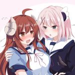  2girls ahoge blush brown_hair chiyoda_momo curled_horns demon_girl demon_horns eyebrows_visible_through_hair hair_ornament hairclip highres horns long_hair mac_4229 machikado_mazoku multiple_girls open_mouth pink_hair school_uniform shiny shiny_hair short_hair yoshida_yuuko_(machikado_mazoku) 