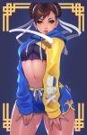  blue_hoodie blue_shorts blue_sweater breasts chun-li double_bun hair_tie hands_on_thighs highres its_just_suppi looking_at_viewer muscle muscular_female nail_polish navel short_shorts shorts strapless street_fighter sweater thick_thighs thighs tubetop two-tone_sweater 