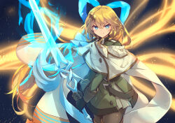  1girl absurdres blonde_hair blue_eyes cloak dress duel_monster energy_wings exosister_elis exosister_mikailis green_dress highres holding holding_sword holding_weapon kanzakietc long_hair looking_at_viewer serious solo standing sword weapon yu-gi-oh! 