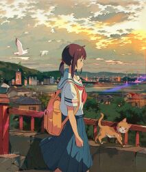  1girl animal bag bird blue_skirt building cat city cityscape clouds cloudy_sky dog highres neckerchief original outdoors pleated_skirt ponytail profile railing ryowelcome1 scenery school_uniform seagull serafuku shirt short_sleeves sidelocks signature skirt sky solo standing sunset white_shirt 