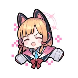  1girl ^_^ animal_ear_headphones animal_ears blonde_hair blue_archive blue_necktie blush_stickers bow bowtie chibi closed_eyes coat collared_shirt fake_animal_ears hair_bow halo headphones highres long_sleeves momoi_(blue_archive) necktie oekakikujira open_mouth shirt short_hair smile solo upper_body white_coat white_shirt 