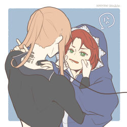  2girls annoyed artist_name black_bodysuit blue_pajamas bodysuit cable cheryl_(girls'_frontline) commentary_request dated face_stretching girls_frontline green_eyes highres johnjohn_(johnjohn_1028) long_hair long_sleeves multiple_girls open_mouth pajamas redhead scar-h_(girls'_frontline) upper_body 