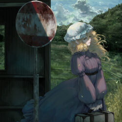  1girl belt blonde_hair clouds collared_dress curly_hair dress forest frilled_dress frilled_hat frilled_sleeves frills grass hat holding holding_suitcase juliet_sleeves long_dress long_hair long_sleeves looking_at_viewer maribel_hearn mizuhichi mob_cap nature puffy_long_sleeves puffy_sleeves purple_dress road_sign scenery shadow sign sky smile suitcase tall_grass touhou train_station train_station_platform tree white_hat window wooden_wall yellow_eyes 