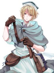  1girl belt blonde_hair blue_capelet brown_gloves capelet castti_florenz commentary empty_eyes fujimaru_koko gloves green_eyes hat highres nurse_cap octopath_traveler octopath_traveler_ii parted_lips pouch shaded_face simple_background solo standing white_background 