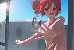  1girl balcony bananafish1111 blue_sky blush commentary hair_between_eyes headphones highres kasane_teto looking_to_the_side open_mouth pink_nails pink_shirt red_eyes redhead shirt short_hair sky solo sun sunlight vocaloid 