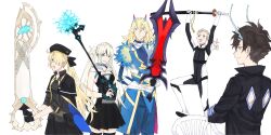  2girls 3boys absurdres armor black_hat black_shirt black_skirt blonde_hair blue_armor blue_eyes bodysuit breasts brother_and_sister brothers brown_eyes chair dragon_horns fate/grand_order fate_(series) fujimaru_alina_(spinecricket) fujimaru_calhoun_(fenrir5034) fujimaru_calisto_(spinecricket) fujimaru_percy_(fenrir5034) fujimaru_shinyru_(fenrir5034) green_eyes hat highres holding holding_sword holding_weapon horns if_they_mated keyblade leggings long_hair multiple_boys multiple_girls original pink_hair ponytail shirt short_hair siblings sisters skirt sword totetote_x twintails weapon white_bodysuit white_hair 