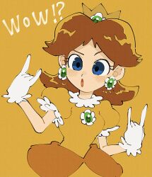  1girl blue_eyes blush breasts brown_hair crown dress earrings english_text flipped_hair flower_earrings gloves highres jewelry large_breasts long_hair looking_at_viewer mimimi_(mimimim9999) open_mouth princess_daisy puffy_sleeves short_sleeves simple_background solo super_mario_bros. white_gloves 