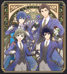  4boys ahoge amamine_shu black_gloves black_necktie blue_eyes blue_hair braid brown_hair closed_mouth collared_shirt flower formal gloves green_hair grey_pants hair_between_eyes holding holding_flower idolmaster idolmaster_side-m long_sleeves looking_at_viewer male_focus multiple_boys necktie official_art open_mouth pants shingen_seiji shirt short_hair smile star_(symbol) striped_clothes striped_shirt taiga_takeru teeth undershirt upper_teeth_only uzuki_makio violet_eyes white_shirt 