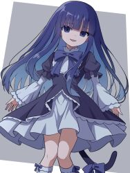  1girl black_dress blue_bow blue_bowtie blue_eyes blue_hair blunt_bangs bow bowtie cat_tail cowboy_shot dress frederica_bernkastel furrowed_brow highres lolita_fashion long_hair long_sleeves looking_at_viewer niyane open_mouth sidelocks simple_background smile solo tail umineko_no_naku_koro_ni witch 