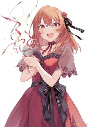  1girl artist_name black_ribbon blush brown_eyes brown_hair choker commentary_request confetti dress flower hair_between_eyes hair_flower hair_ornament hair_ribbon highres holding holding_party_popper kohinata_iroha_(imouuzai) long_hair official_art open_mouth party_popper red_dress red_ribbon ribbon ribbon_choker second-party_source short_sleeves simple_background smile solo standing tomari_(veryberry00) tomodachi_no_imouto_ga_ore_ni_dake_uzai white_background 