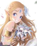  1girl bangs bare_shoulders blonde_hair blue_eyes blue_flower blush commentary_request flower forehead_jewel from_side hair_flower hair_ornament happy highres holding holding_flower jewelry long_hair looking_at_viewer miaoliangbanfan parted_bangs petals pointy_ears princess_zelda smile solo teeth the_legend_of_zelda the_legend_of_zelda:_breath_of_the_wild triforce upper_body white_background 