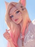  1girl absurdres ahri animal_ears blonde_hair blue_eyes character_name charles_(106858) english_commentary finger_heart fox_ears fox_girl gradient_hair highres league_of_legends light_smile looking_down multicolored_hair pink_hair pink_lips realistic self_shot sky solo the_baddest_ahri thick_lips xo 