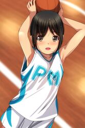  1girl :d absurdres arms_up ball bangs bare_arms bare_shoulders basketball basketball_uniform black_hair blurry blurry_background blush brown_hair depth_of_field eyebrows_visible_through_hair highres holding holding_ball index_finger_raised matsunaga_kouyou nose_blush open_mouth original parted_bangs shirt short_shorts shorts sleeveless sleeveless_shirt smile solo sportswear sweat white_shirt white_shorts 