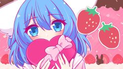  1girl animal_ear_fluff animal_ears blue_eyes blue_hair box chocolate_rabbit chocolate_syrup english_commentary food fruit heart-shaped_box holding indie_virtual_youtuber light_blush looking_at_viewer pale_skin pink_background short_hair sprinkles strawberry virtual_youtuber whipped_cream wolf_ears wolf_girl wolfychu wolfychu_(artist) 