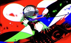  1girl abstract_background aramaki_spla baseball_cap black_dress blue_hair bracelet chromatic_aberration closed_mouth colored_extremities colored_skin commentary dedf1sh dj dress expressionless fingernails floating_hair glasses gradient_hair green_skin hand_up hat headphones headphones_over_headwear jewelry long_hair multicolored_hair octoling redhead sanitized_(splatoon) sharp_fingernails solo splatoon_(series) splatoon_2 splatoon_2:_octo_expansion tentacle_hair turntable two-tone_hair 