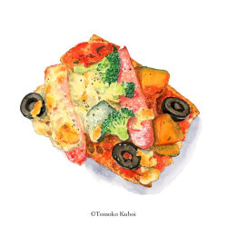  artist_name broccoli food food_focus kuboitomoko meat no_humans original pizza simple_background still_life vegetable white_background 