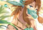  1boy alternate_costume bare_shoulders blonde_hair blue_eyes blurry blurry_background commentary_request crossdressinging depth_of_field earrings face gerudo_link jewelry leopardtiger link looking_at_viewer male_focus otoko_no_ko pointy_ears scar solo the_legend_of_zelda the_legend_of_zelda:_breath_of_the_wild veil water_drop 