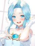  1girl ahoge blue_eyes blue_hair blush dress gloves granblue_fantasy long_hair looking_at_viewer lyria_(granblue_fantasy) open_mouth smile solo tokki white_dress white_gloves 