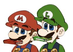  2boys blue_eyes blue_overalls brown_hair facial_hair food food_in_mouth gloves green_shirt hat luigi male_focus mario mimimi_(mimimim9999) multiple_boys mustache overalls pocky pocky_in_mouth red_hat shirt short_hair super_mario_bros. white_gloves 