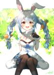  1girl :d animal_ear_fluff animal_ears arm_behind_back arm_support artist_name black_bra black_gloves black_legwear blue_hair blue_ribbon blurry blurry_background blush bokeh border bow bra braid breasts bunny-shaped_pupils carrot_hair_ornament depth_of_field detached_sleeves don-chan_(usada_pekora) dress extra_ears eyebrows_behind_hair feet_out_of_frame food_themed_hair_ornament fur_trim gloves green_background hair_between_eyes hair_bow hair_ornament hair_ribbon hand_up highres hololive knees_together_feet_apart letterboxed looking_at_viewer multicolored_hair open_mouth orange_eyes outdoors outside_border pantyhose pom_pom_(clothes) puffy_short_sleeves puffy_sleeves rabbit_ears ribbon short_sleeves sidelocks signature sitting small_breasts smile solo takuro_(taku3949) tress_ribbon twin_braids twintails two-tone_hair underwear upper_teeth usada_pekora virtual_youtuber white_border white_bow white_dress white_hair 