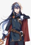  1girl armor belt belt_buckle black_cape blue_eyes blue_gloves blue_hair blue_sweater breastplate buckle cape commentary_request eyebrows_visible_through_hair falchion_(fire_emblem) fingerless_gloves fire_emblem fire_emblem_awakening floating_hair gloves hair_between_eyes highres holding holding_sword holding_weapon long_hair looking_at_viewer lucina lucina_(fire_emblem) multicolored multicolored_cape multicolored_clothes open_mouth red_cape ribbed_sweater ryon_(ryonhei) shoulder_armor simple_background solo sweater sword symbol-shaped_pupils tiara turtleneck turtleneck_sweater weapon 