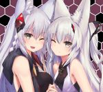  2girls animal_ear_fluff animal_ears bare_shoulders blush breasts character_request closed_mouth eyebrows_visible_through_hair fox_ears fox_girl hair_between_eyes hair_ornament hairclip heart heart-shaped_pupils highres holding_hands long_hair looking_at_viewer medium_breasts multiple_girls one_eye_closed open_mouth original small_breasts smile symbol-shaped_pupils tagme teeth upper_body white_hair yoshizawa_tsubaki 