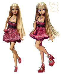  1girl animal_print barbie_(character) barbie_(franchise) blonde_hair blue_eyes breasts dress earrings full_body highres holding hoop_earrings jewelry leopard_print linterteatime long_hair looking_at_viewer necklace pink_dress pink_lips reference_sheet smile tiger_print 