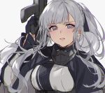  1girl ak-12_(girls_frontline) aogisa arm_up artificial_eye assault_rifle bangs black_gloves braid breasts french_braid girls_frontline gloves gun half_gloves high_ponytail highres holding holding_gun holding_weapon large_breasts long_hair mask mechanical_eye open_mouth rifle sidelocks silver_hair tactical_clothes weapon white_background 