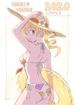  1girl arm_up bikini blonde_hair blush breasts commentary_request drill_hair floral_print from_behind hat highres looking_at_viewer looking_back mahou_shoujo_madoka_magica medium_breasts ryunosuke1973 smile solo straw_hat sweat swimsuit tomoe_mami twin_drills yellow_eyes 