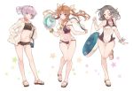  3girls bag ball bare_legs beachball bikini black_hair blue_eyes blush breasts brown_hair closed_mouth collarbone full_body green_scrunchie groin hair_between_eyes hair_ornament hair_ribbon holding holding_ball holding_beachball innertube jacket kagerou_(kantai_collection) kantai_collection kuroshio_(kantai_collection) long_hair long_sleeves multicolored multicolored_bikini multicolored_clothes multiple_girls navel one-piece_swimsuit one_eye_closed open_clothes open_jacket open_mouth pink_hair ponytail remodel_(kantai_collection) ribbon sandals scrunchie shakemi_(sake_mgmgmg) shiranui_(kantai_collection) short_hair shoulder_bag simple_background small_breasts smile star_(symbol) swimsuit toes twintails violet_eyes white_background white_jacket white_ribbon wrist_scrunchie yellow_eyes 