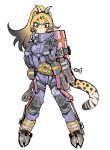  1girl :&lt; absurdres alternate_costume animal_ears black_hair blonde_hair cat_girl cheetah_(kemono_friends) cheetah_ears cheetah_tail closed_mouth crossover death_stranding exoskeleton expressionless extra_ears eyewear_removed fake_horns full_body gloves grey_eyes hairband hands_up highres horned_headwear horns igarashi_(nogiheta) jumpsuit kemono_friends knee_pads long_hair long_sleeves looking_at_viewer multicolored_hair package rope simple_background solo sunglasses tail white_background 