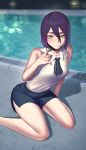  1girl absurdres bare_arms black_choker black_shorts blurry blurry_background blush breasts chainsaw_man choker collarbone collared_shirt commentary_request feet_out_of_frame green_eyes hair_between_eyes highres huge_filesize legs lens_flare looking_at_viewer medium_breasts medium_hair necktie pool poolside rakuga_kiya reze_(chainsaw_man) shiny shiny_hair shirt shirt_tucked_in shorts sitting sleeveless sleeveless_shirt smile solo wariza white_shirt 