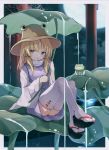  1girl arms_up bangs blonde_hair brown_headwear clog_sandals commentary_request eyebrows_visible_through_hair eyes_visible_through_hair frog hair_between_eyes hat high_collar highres holding holding_leaf iyo_(ya_na_kanji) knees_up leaf leaf_umbrella light_blush lily_pad long_sleeves looking_at_viewer medium_hair moriya_suwako parted_bangs parted_lips purple_skirt purple_vest shirt sidelocks sitting skirt solo thigh-highs touhou vest water water_drop white_legwear white_shirt wide_sleeves yellow_eyes 