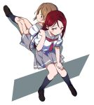  2girls back-to-back blue_eyes brown_footwear brown_hair fumarusan grey_sailor_collar grey_skirt hand_on_own_leg hand_on_own_shoulder highres invisible_floor kneehighs loafers love_live! love_live!_sunshine!! multiple_girls red_neckwear redhead sailor_collar sakurauchi_riko school_uniform serafuku shoes sitting skirt uranohoshi_school_uniform watanabe_you white_background yellow_eyes 