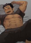  1boy abs bara bed black_eyes black_hair blush breath chest feet_out_of_frame highres male_focus muscle navel nipples original pants pectorals pillow shirt_lift short_hair solo st05254 toned toned_male tongue tongue_out track_pants 