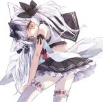  1girl animal_ears arm_ribbon azur_lane bangs black_bow black_ribbon black_sailor_collar black_skirt bow cat_ears commentary from_behind hair_bow highres lace lace-trimmed_legwear long_hair looking_at_viewer nanairomadani pleated_skirt ribbon sailor_collar school_uniform serafuku sidelocks simple_background skirt sleeveless solo standing thigh-highs two_side_up white_background white_hair white_legwear yellow_eyes yukikaze_(azur_lane) 