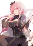  1girl belt black_dress black_nails breasts capelet crossed_legs detached_sleeves dress expressionless head_tilt holding hololive hololive_english large_breasts long_hair mori_calliope official_art pink_eyes pink_hair scythe sitting solo tiara veil virtual_youtuber yukisame 