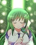  1girl bangs bare_shoulders blush breasts closed_eyes closed_mouth collarbone collared_shirt detached_sleeves eyebrows_visible_through_hair frog_hair_ornament gohei green_background green_hair hair_ornament hair_tubes holding japanese_clothes kochiya_sanae large_breasts long_hair miko rokugou_daisuke shirt signature smile snake_hair_ornament solo touhou upper_body white_shirt white_sleeves wide_sleeves 